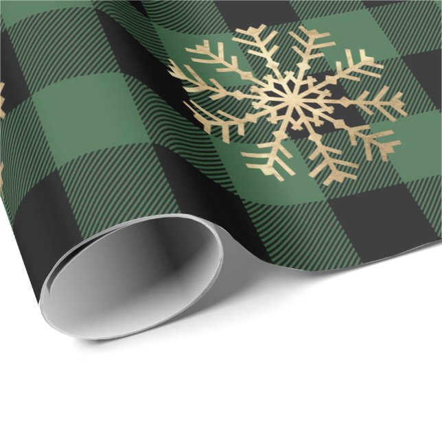 Papier Cadeau Buffalo Plaid Lomberjack Gold Snowflake Vert Cali (Coin rond)