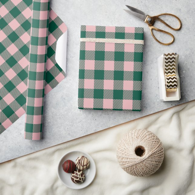 Papier Cadeau Buffalo Plaid Moderne Noël Vacances Vert Rose (Artisanat)