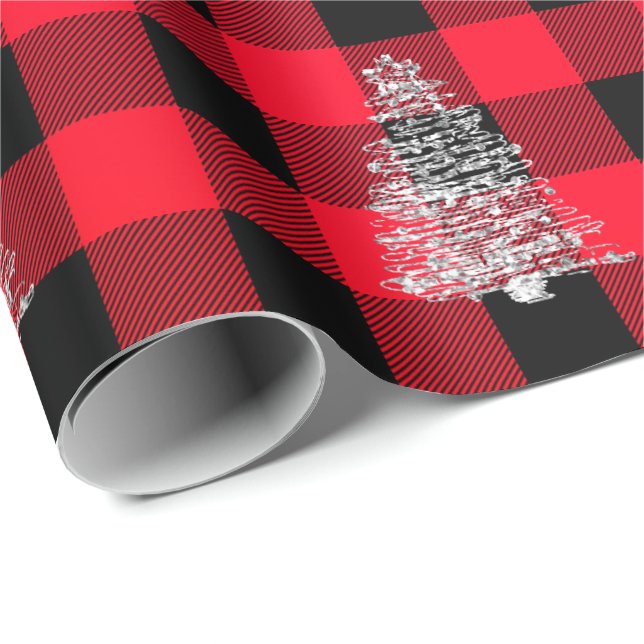 Papier Cadeau Buffalo Plaid Noël Arbre de Noël Rouge (Coin rond)