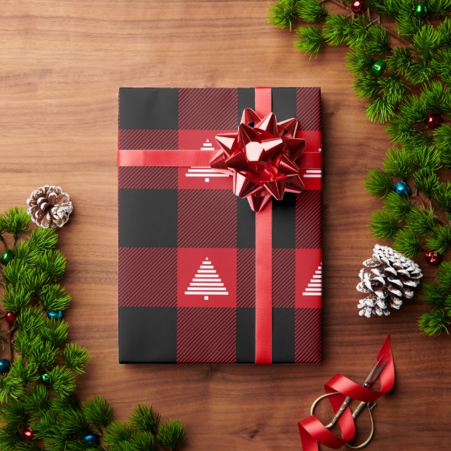 Papier Cadeau Buffle noir et rouge Plaid Arbres de Noël blancs (Cadeau de vacances)