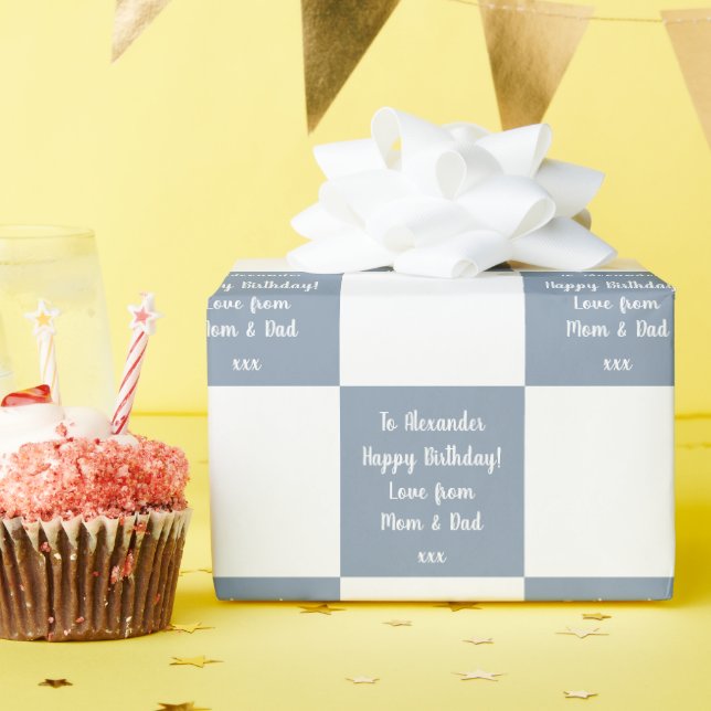 Papier Cadeau Buffle personnalisé Check Blue Joyeux anniversaire (Fête d'anniversaire)