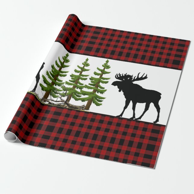 Papier Cadeau Buffle rouge rustique plaqué avec silhouette d'ori (Déroulé)