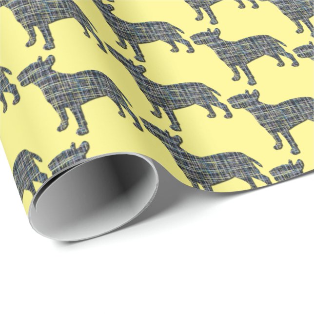 Papier Cadeau Bull Terrier Chien Silhouette Y&B Grille jaune (Coin rond)
