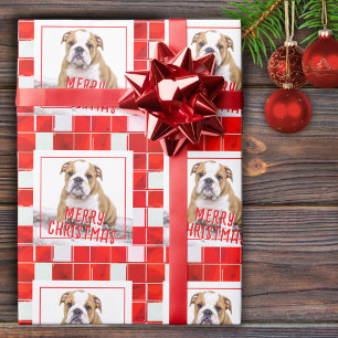 Papier Cadeau Bulldog à carreaux rouges Photo Joyeux Noël 