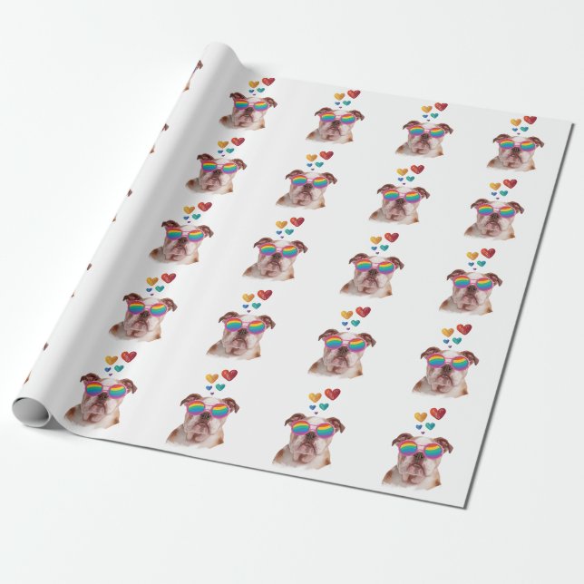 Papier Cadeau Bulldog anglais avec des coeurs Saint-Valentin (Déroulé)