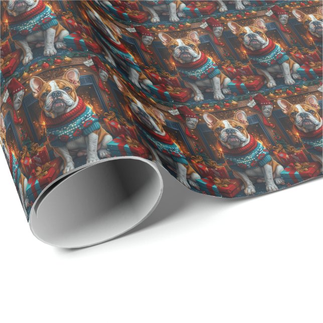 Papier Cadeau Bulldog avec la cheminée de cadeaux de Noël (Coin rond)