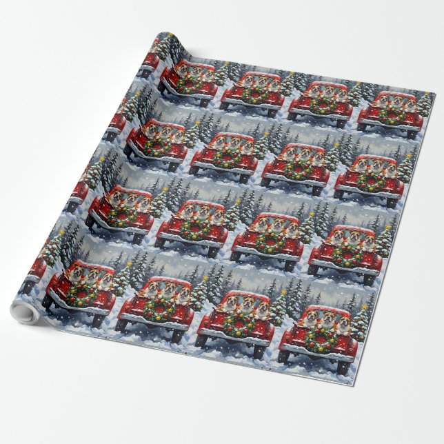 Papier Cadeau Bulldog Christmas Red Truck Holiday (Déroulé)