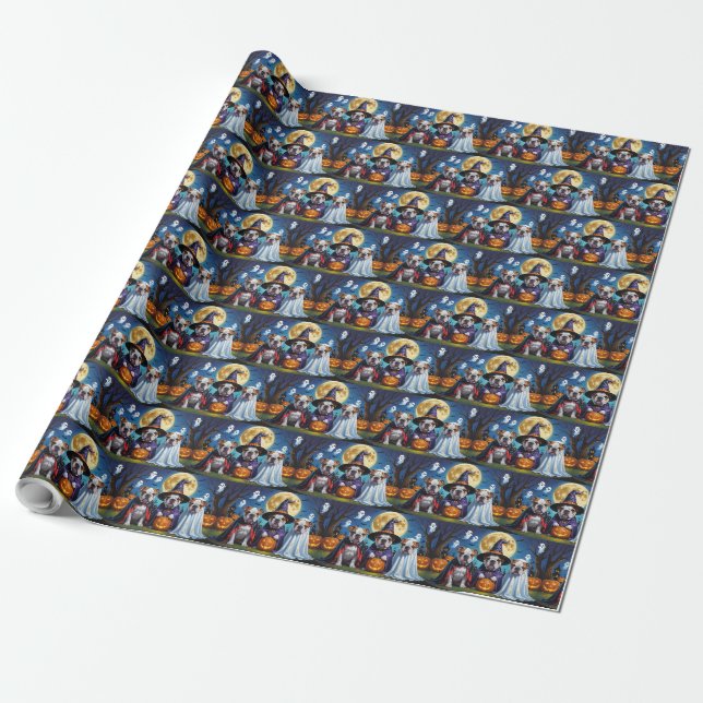 Papier Cadeau Bulldogs Citrouille Halloween drôle (Déroulé)