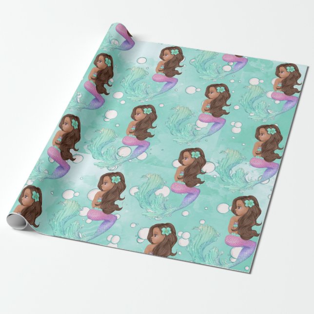 Papier Cadeau Bulles de sirène bleu rose cheveux foncés (Déroulé)