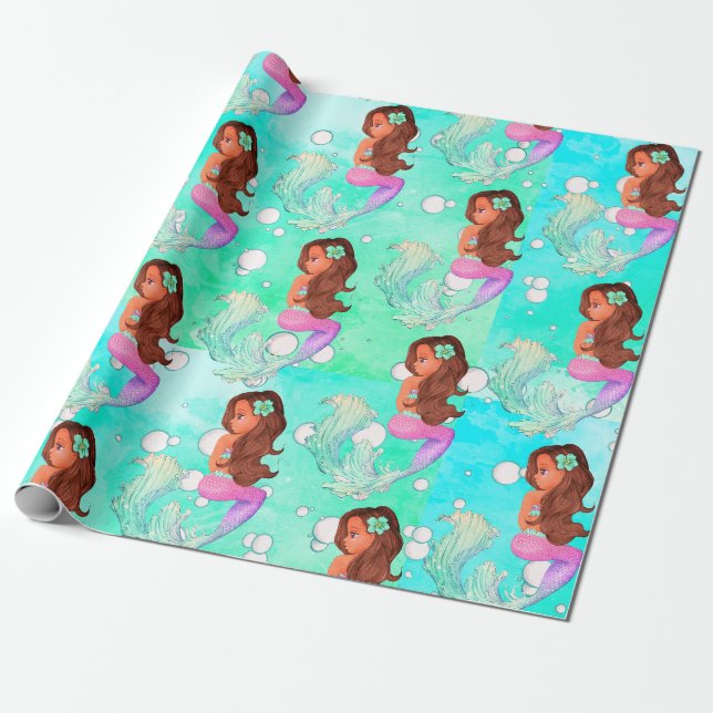 Papier Cadeau Bulles de sirène bleu rose foncé cheveux brillants (Déroulé)