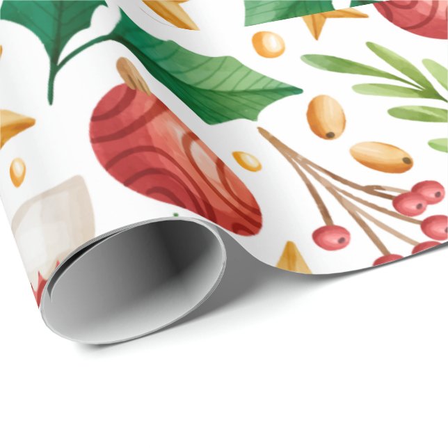 Papier Cadeau Bulles rouges de Noël, pièces de poinséttia et noi (Coin rond)