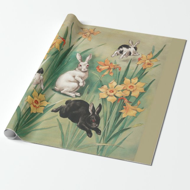 Papier Cadeau Bunnies mignons aux fleurs de jonquille Antique Pâ (Déroulé)