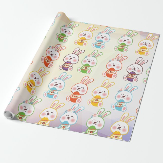 Papier Cadeau Bunny Happy Pâques jour Motif papier enveloppement (Déroulé)