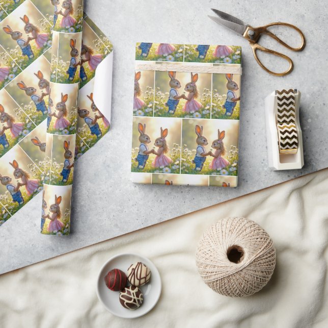 Papier Cadeau Bunny Romance dans un champ de marguerite (Artisanat)