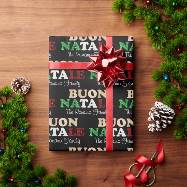 Papier Cadeau Buon Natale Nom de famille Noël italien en noir (Cadeau de vacances)