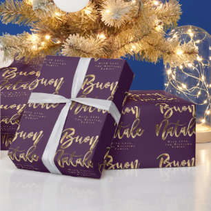 Papier Cadeau Buon Natale Purple Gold Script de Noël italien