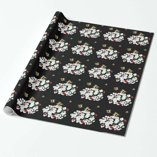 Papier Cadeau Bureaux d'abeilles dramatiques et fleurs blanches  (Déroulé)