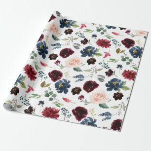 Papier Cadeau Burgundy Aquarelle Rouge Marine Floral Boho Mariag