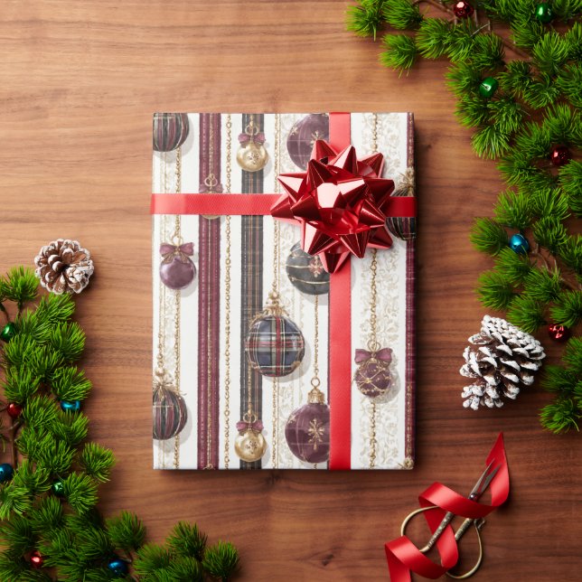 Papier Cadeau Burgundy Cream Ornaments Stripes Christmas (Cadeau de vacances)