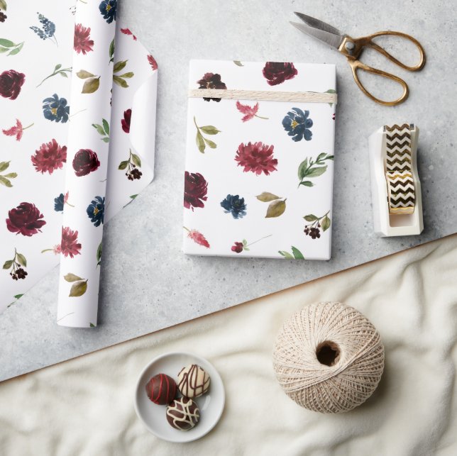 Papier Cadeau Burgundy Floral Élégant Rustique Aquarelle Joli (Artisanat)