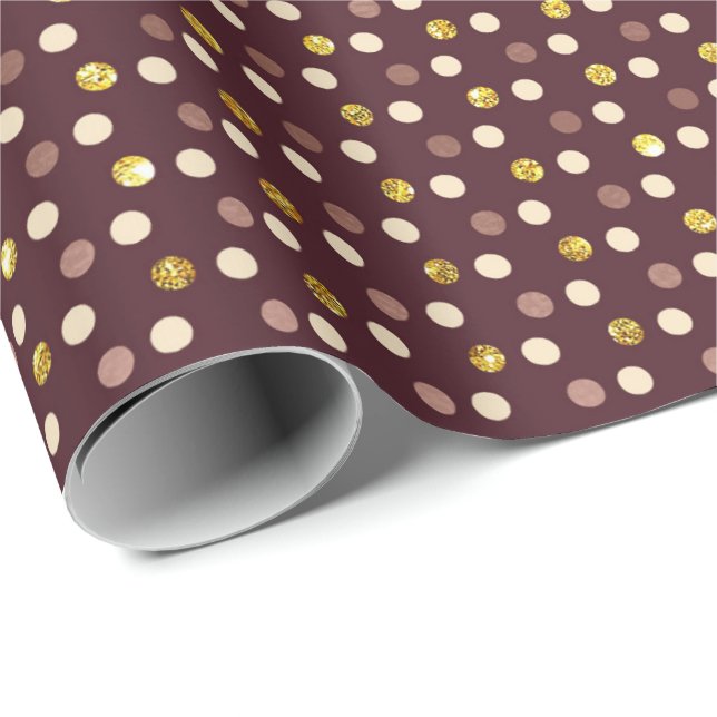 Papier Cadeau Burgundy Maroon Gold Delicate petits Pois (Coin rond)