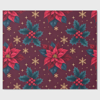 Papier Cadeau Burgundy Poinsettia & Gold Snowflake Dark Feminine