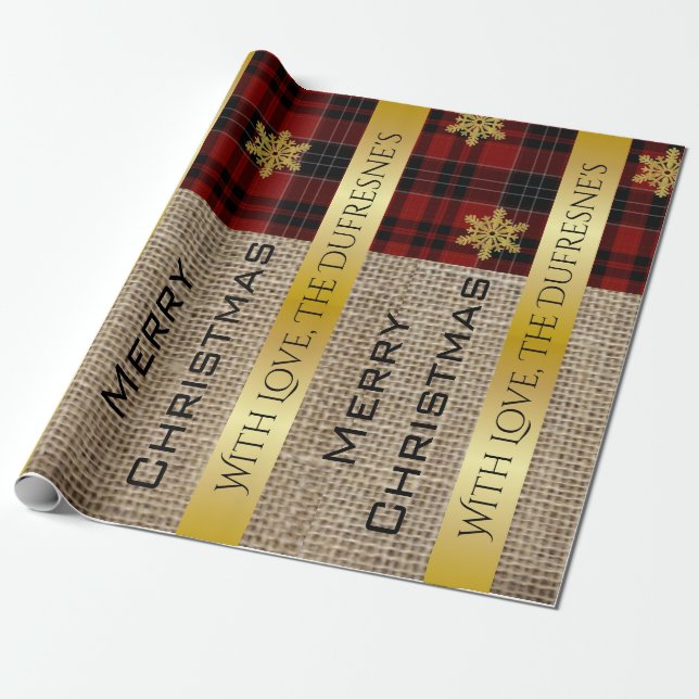 Papier Cadeau Burlap, Plaid & Gold Personnalisé (Déroulé)