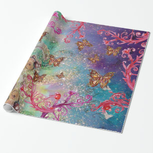 PAPIER CADEAU BUTTERFLITS EN AQUA JAUNE D'OR PARKLES BLEU
