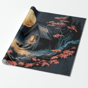 Papier Cadeau Cabane au Clair de Lune, Art de la Forêt Japonaise