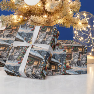Papier Cadeau Cabane de campagne, chatons mignons et sapin de No