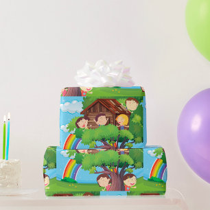Papier Cadeau Cabane d'enfants avec arc-en-ciel et enfants heure