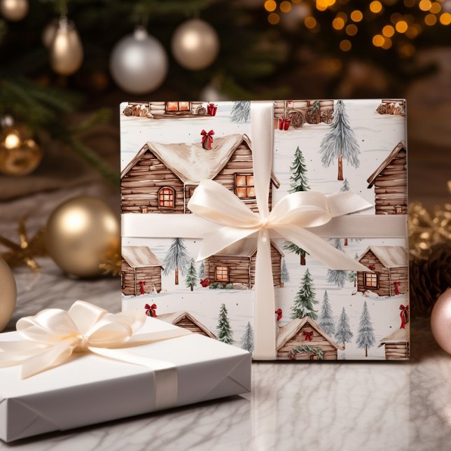 Papier Cadeau Cabine de bois d'hiver Noël (Créateur téléchargé)