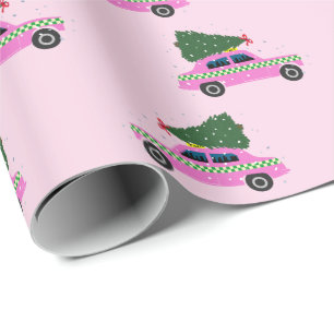 Papier Cadeau Cabine rose Taxi sapin Motif Noël rose