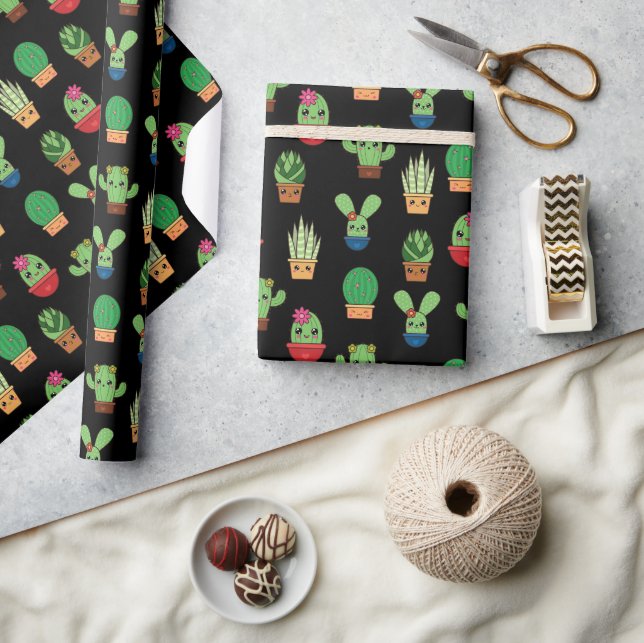 Papier Cadeau Cactus bébé vert sur Arrière - plan noir (Artisanat)