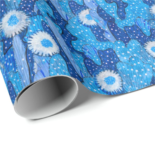 Papier Cadeau Cactus Bleu Camouflage Fleur Succulente Florale (Coin rond)