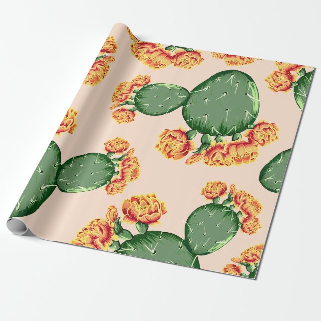 Papier Cadeau Cactus et fleurs à poires bohème tendance (Déroulé)