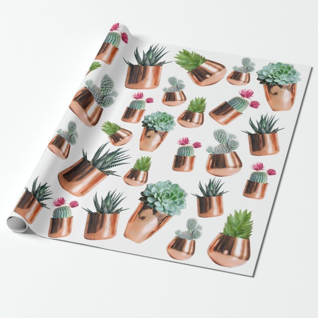 Papier Cadeau Cactus et succulents dans des pots d'or Roses (Déroulé)