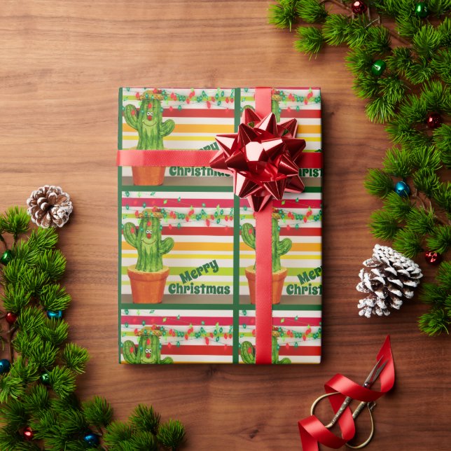 Papier Cadeau Cactus mignons et lumières festives Joyeux Noël (Cadeau de vacances)