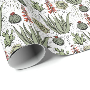 Papier Cadeau Cactus Succulent Aloe Vera Blanc