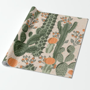 Papier Cadeau Cactus succulents vintages verts et fleurs oranges