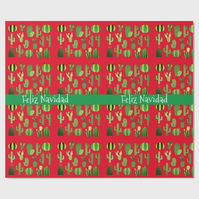 Papier Cadeau Cactus sur Red Feliz Navidad (Plat)