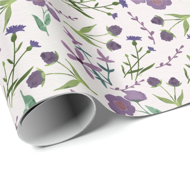 Papier Cadeau Cadeau aquarelle florale verte et violette pour el (Coin rond)