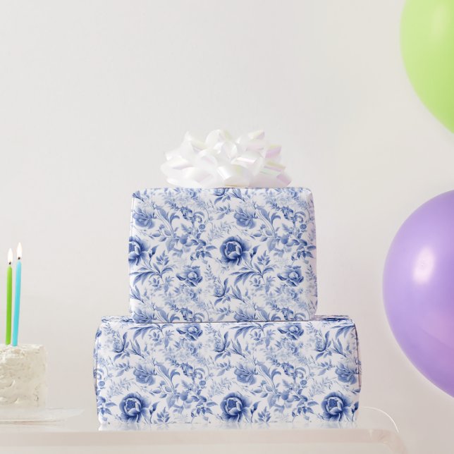 Papier Cadeau Cadeau de Fête de Mariage Toile Florale Bleu Blanc (Cadeaux de fête)