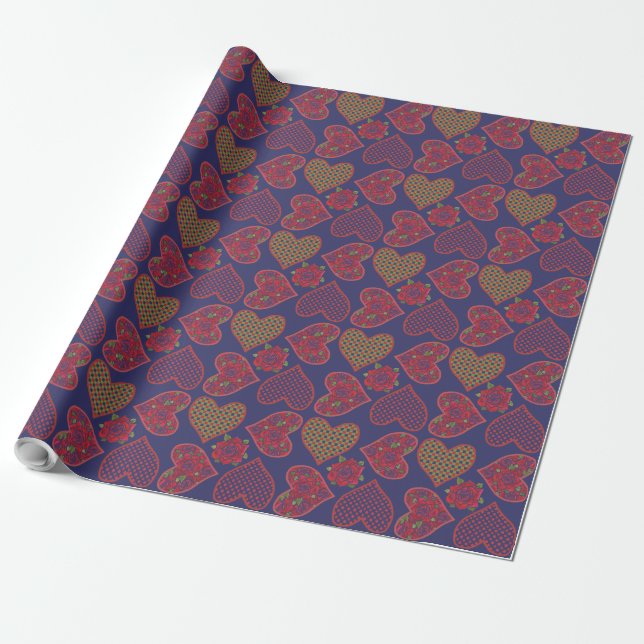 Papier Cadeau Cadeau de luxe : Coeurs et Valentines Roses, Bleu (Déroulé)
