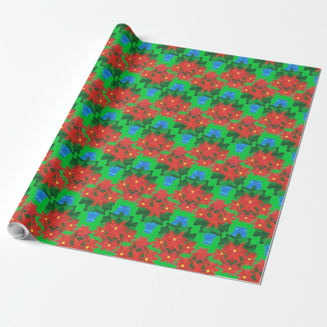 Papier Cadeau Cadeau de Noël personnalisé : Poinsettias, Vert (Déroulé)