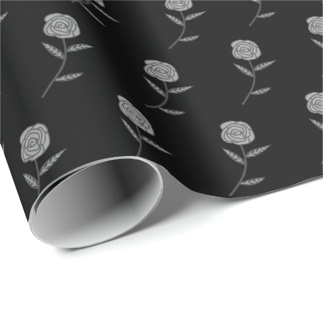 Papier Cadeau Cadeau de vacances Silver Rose Ditsy Floral Black (Coin rond)