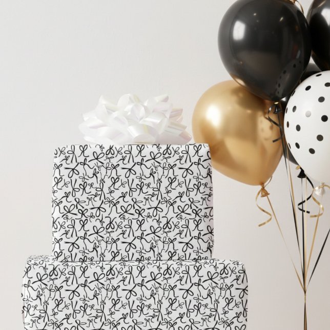 Papier Cadeau Cadeau Féminin Motif Rubans Noir Blanc Fantaisiste (Whimsical Cute Black White Bows Pattern Girly Gift Wrapping Paper
)