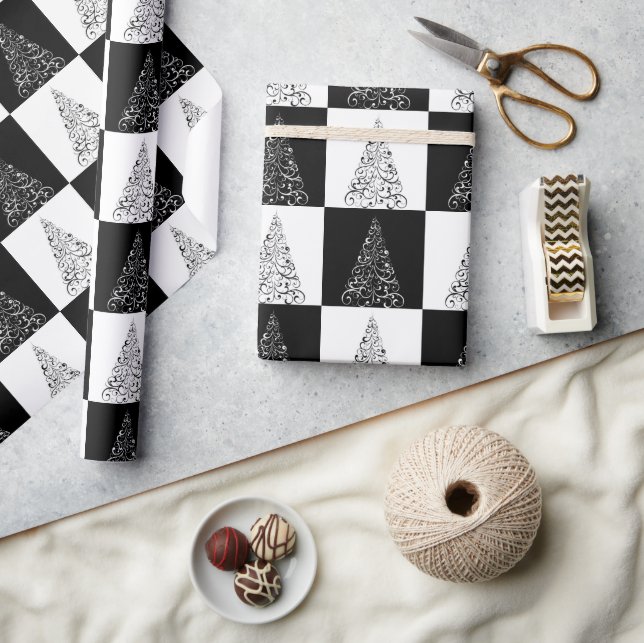 Papier Cadeau Cadeau Festif Noir et Blanc Arbre de Noël (Artisanat)