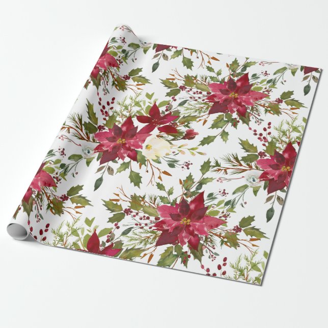 Papier Cadeau Cadeau floral de Noël d'aquarelle de poinsettia (Déroulé)