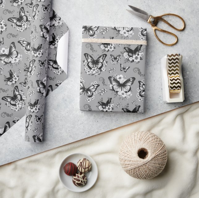 Papier Cadeau Cadeau Motif à papillon gris (Artisanat)